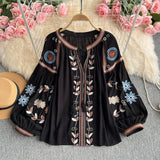 National Wind Heavy Industry Embroidery Round Tie With Lantern Sleeve Top Woman Autumn New Loose Thin Shirt Woman