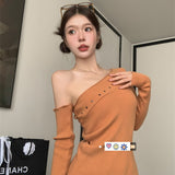 Early Autumn New Hottie Hot Diamond Slant Shoulder Repair Inside The Shirt Top Design Long Sleeve Chic Unique T-Shirt Girl