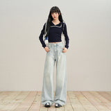 Blue-Gray Broad-Legged Trousers Women Autumn And Winter Jeans Women Retro High Waist Regular Denim With Tag