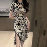 Flag-Groom Girl Improved Young French Temperament Retro First Love Dress To Collect Thin Lace Bag-Buttal Print Dress