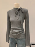 French Temperament Sense Bow Strap Design Long-Sleeved T-Shirt Women Winter Wind Chic Repair Bottom Top