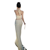 Sexy Babes Fashion Suit Woman Collar Hanging Neck Sling Vest High-Waisted Splicing Long Skirt Two Sets