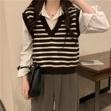 Early Autumn Knitted Vest Women Spring And Autumn New Gentle Lazy Wind V-Neck Striped Knitted Vest Sweater