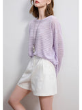 2025 Early Autumn New Purple Hollow Hooded Striped Knitted Sweater Tops Sunscreen Thin Woman