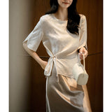 The Moon Silk Flowers Roo Tucked Small Shirt ~ Tassel Buckle Design Blouse Summer New