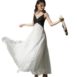 French Small Retro Black And White Splicing Irregular Lotus Edge Super Fairy Sling Dress Women's Holiday 100-Fold Long Dress