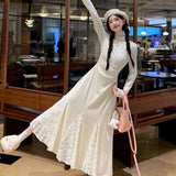Small Knitted Dress Spring And Autumn Long-Sleeved Lace Spliced Fishtail Skirt Half-High Collar Inside The Sweater Skirt