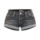 Low-Waisted Cat Curly-Ribble Denim Shorts Worn Design Super Shorts Hot Street Thin Hot Pants
