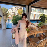 Early Autumn New French Romantic Pink Floral Sling Dress Women's 2025 Summer Mesh To Close The Waist Open Fork Mid-Long Dress