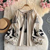 Bohemian Wind Heavy Industry V-Neck Embroidered Shirt Female Korean Version Long Sleeve Loose Tussel Design National Wind Top