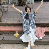 Fashion College Student Dress Literary Retro Plaid Loose Short-Sleeved Shirt + White Dress Two Sets Of Ocean