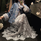 New Chinese Bead Embroidered Silk Velvet Winter Skirt New Lace Mesh Dress