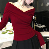 French Sweet Hottie Red Shoulder V Collar Bottom Shirt Women With Long-Sleeved T-Shirt Beautiful Blouse Autumn And Winter