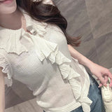 Middle-Old Small Incense Gentle Wind Wood Ear Micro-Permeable Wool Knitted Cardigan Female Cheeky Small Shirt