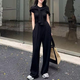 Extremely Simple Style Loose Fashion Suit 2026 Summer New Leisure Belt Shawl Short Sleeves Wide Leg Pants Three-Piece Set
