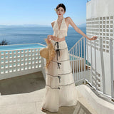 Tyrand Travel Vacation Wear Design Atmosphere Perspective Folded Neck Vest Open Back Skirt Suit