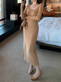 Cashmere Wool Blending U Collar Elegant Pure Knitted Long-Sleeved Skirt