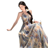 French Retro Oil Painting Gentle Broken Flowers To Take The Sling Belt To The Waist Dress Seaside Holiday Dress Summer