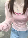Summer New Korean Design Colliding V-Neck Long Sleeve Thin Sunscreen Knitting Shirt + Bow Slings Stacked Clothes