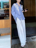 Linen Platt Embroidered Retro Blue And White Shirt / High-Waisted Straight-Legged Trousers Girl Summer Old Money Set Women's Clothing