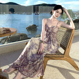 Purple Jade Pure Desire Net Yarn Flowers Hanging Dress Women Summer Super Fairy Seaside Holiday Dress