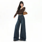 Vintage Micro-Horn Jeans Women Spring And Autumn High Waist Hanging Feeling Niche Front Pocket Elastic Broad Leg Trousers Trousers