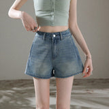 Simple Solid Color Casual Denim Shorts Women 2026 Summer New High-Waisted Wide-Legged Shorts White Light Kaqi