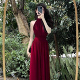 Sensing Black Hanging Neck Sleeveless Dress Woman 2025 Summer New French Temperament Open Fork Waist Long Skirt