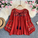 Spring Dress 2025 Holiday National Style Retro Heavy Industry Embroidery Flowers Ocean Gas Lantern Sleeve Loose Blouse Tide
