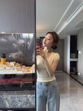 Summer Pure Style Slimming Temperament Short-Sleeved T-Shirt Commuter Leisure Stripe True Two V-Neck Bubble Sleeve Woman