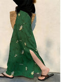 Mingmei Wears A Beautiful And Beautiful Holiday Temperament Green Print Side Open Fork A Word Half-Dressed Woman