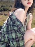 Vintage British Style Green Plaid Shirt Coat Women's Spring And Autumn Leisure Free And Loose Long Folding Shirt