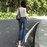 YC&Retro Low-Rise Elastic Repair Slim Thin With Micro-Horn Jeans Women & Trousers Lengthened Low-Waisted Rich Span