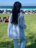 Linen Platt Embroidered Retro Blue And White Shirt / High-Waisted Straight-Legged Trousers Girl Summer Old Money Set Women's Clothing
