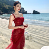 Red Engagement Dress High-End Light Luxury Niche Heavy Industry Lace Sexy Fish Bone Corset Corset Corset Corset Wedding Dress