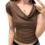0829# Folded Design Sense Chestless Cushion Integrated Short-Sleeved T-Shirt Repair Pure Color Carefully Hottie Top