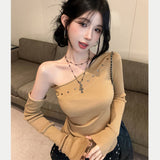 Early Autumn New Hottie Hot Diamond Slant Shoulder Repair Inside The Shirt Top Design Long Sleeve Chic Unique T-Shirt Girl