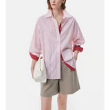 [Spring Day Sweet Tea] Striped Long Sleeve Pink Shirt Woman 26 Spring And Summer Design Senses Slack Tie