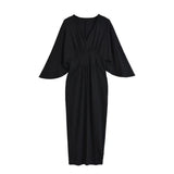 French Temperament Folded V-Neck Seven-Sleeved Dress Women's Knitted Long Dress Open Pocketed And Waist-Poked Skirt New