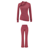 Kardashian Comfortable Skin Irregular Collar Repair Body Folded Waist Trousers Autumn Casual Set