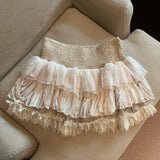 Korean Sweet Girl Splicing Mesh Yarn Lace Cake Short Dress Girl Tight Waist Set Thin Dress 2 Colors