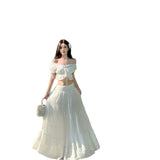 One-Word Shoulder French Lotus Side Top Women's Summer New Gentle Suit High Waist Hanging White Skirt Dress