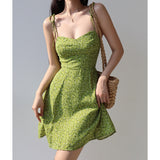 Fresh Girl Shoulder Tice Green Print Sling Dress Women Summer Waist Thin Dress Short Skirt