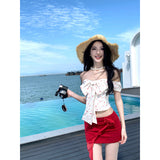 Vacation Red Dress Heat Neon Bow Small Broken Flower Age Reduction Set A Word Shoulder Girl Summer Short Skirt Two Sets