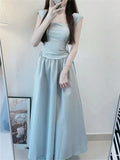 Blue Square Tie Dress Women's Summer 2025 New Splicing Skirt High-End Waist Display Thin Dress