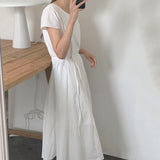 Korean Ins Temperament Simple Summer Cool Feeling Round Neck Short Sleeves With Long Dress 3 Colors