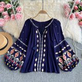 Bohemian Holiday Lantern Sleeve Shirt Female Heavy Industry Embroidery Tidaught Loose Design Sense Literary Temperament Top