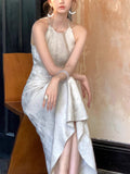 Floating Light White French Elegant Temperament Dress Cut Shoulderless Sleeveless Waist Thin Fishtail Skirt New Chinese Dress