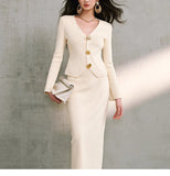 Luxury Shiny Silk Mordell Double-Sided Knitting | Irregular Metal Buckle Body V-Neck Knitting Set