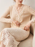 Lace Side Design Shows Noble Baby Goat Knitted Cardigan V Collar Loose Short Wool Coat